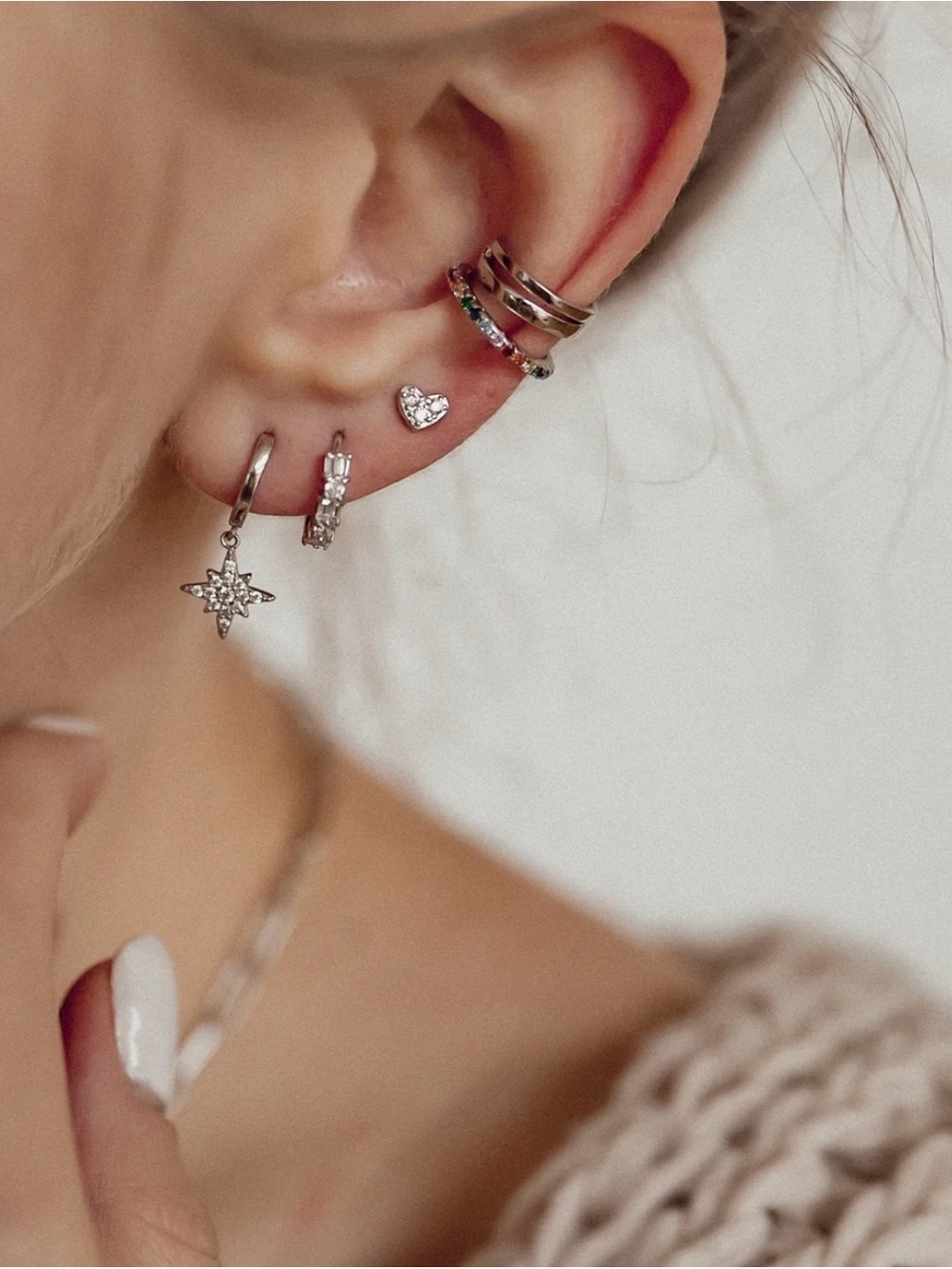 Sterling Silver Minimalist Heart Pave Crystal Stud Earrings - Silver - Picture 4 of 4